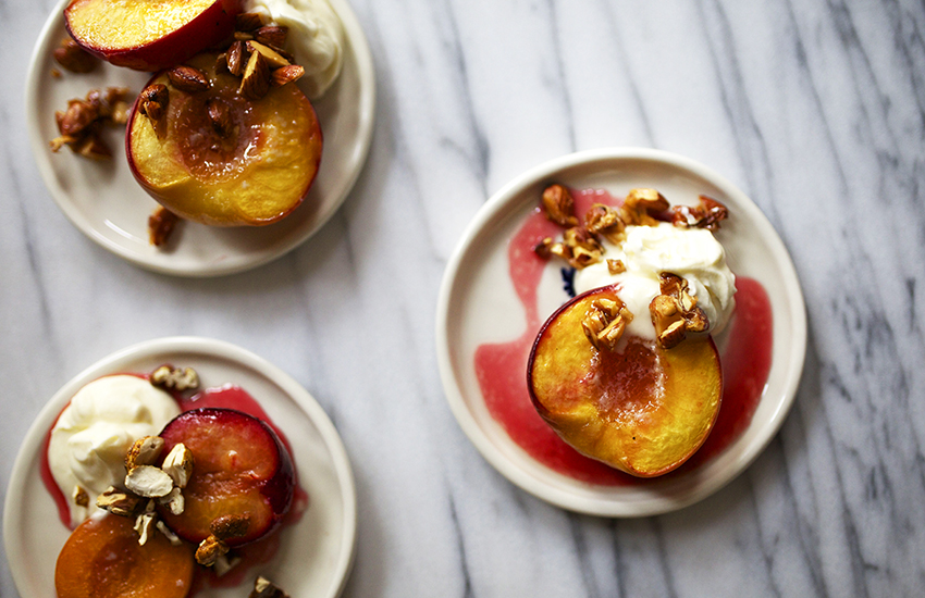 roasted stone fruit with almond crumble crème fraîche lakewinds