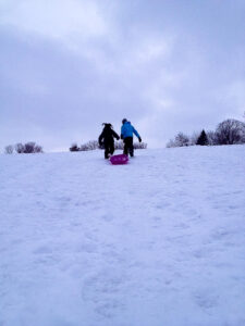 Kids Pulling Sled Up The Hill