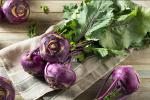 Purple Kohlrabi with Green Stems on a Napkin