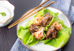 Kimchi On a Lettuce Leaf with Shredded Beef